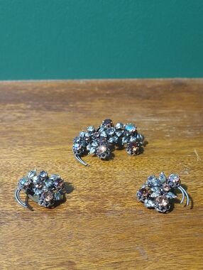 Vintage Signed Triad Rhinestone Crystal Floral Earrings and Brooch Set